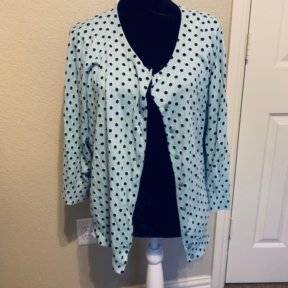 Lt. blue with black polka dot Talbots cardigan 2X